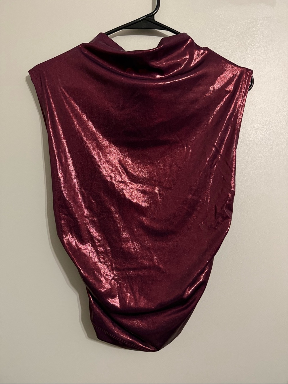 Maeve Shiny Cowl Neck Sleeveless Ruched Tank in Plum
